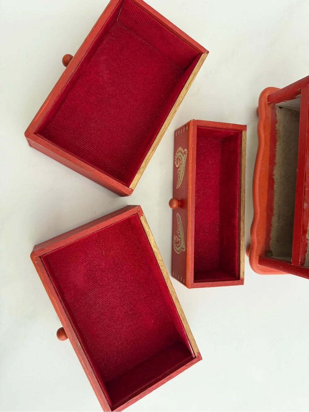 Vintage 3 Drawer Musical Jewelry Box Mini Chest orange Wooden Hand Painted 70s